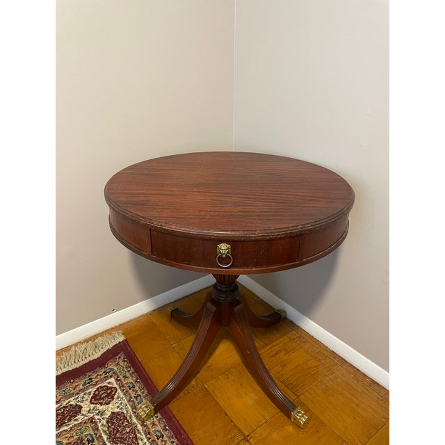 Traditional 1940s Georgian Style Satin Mahogany Single-Drawer Drum Table For Sale - Image 3 of 3