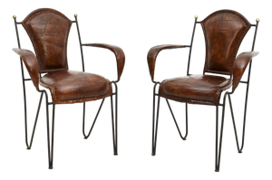 Vintage French Iron and Leather Armchairs, 1960s, Set of 2