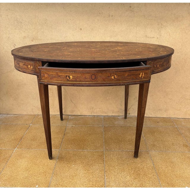 Vintage Oval Marquetry Side Table with Drawer, 1920 For Sale - Image 6 of 13