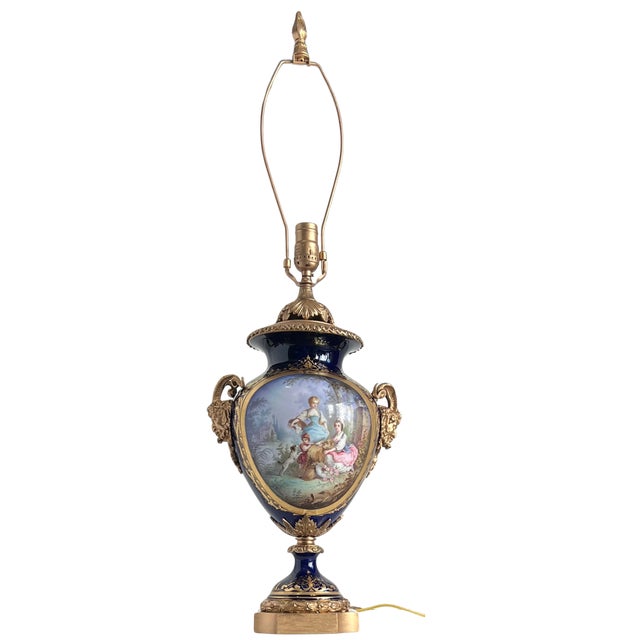 Antique Sevres Style Bronze Ormolu Têtes De Satyres Cobalt Blue Porcelain Table Lamp For Sale - Image 15 of 18