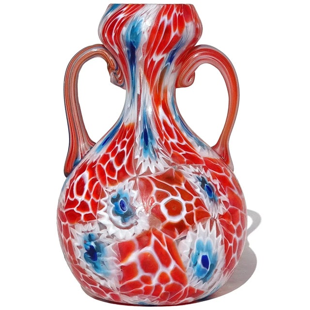 Murano Fratelli Toso Murano Antique Beehive Red White Blue Millefiori Flowers Italian Art Glass Cabinet Vase For Sale - Image 4 of 5