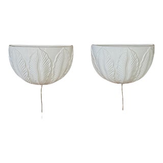 Vintage Coastal Regency Glazed Ceramic Palm Leaf Wall Sconces by Haeger-Pair For Sale