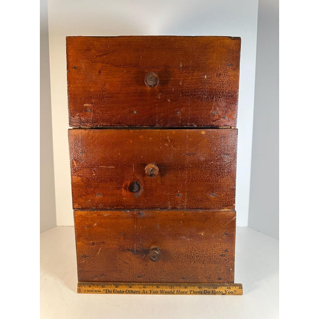 Brown Antique Pine Three Drawer Chest: Primitive Tabletop Storage For Sale - Image 8 of 10
