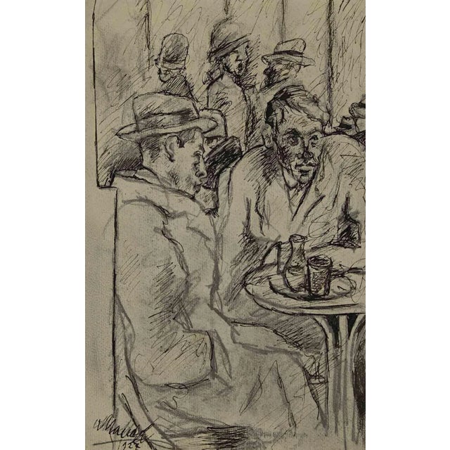 At the Café is an original China Ink Drawing realized by Mino Maccari in mid-20th century. Good condition on a white...