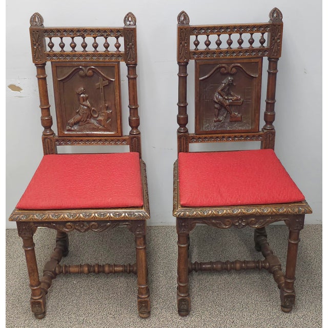 Jacobean Mid 20th Century Pair Jacobean Style Carved Oak and Caned Seat Side Chairs For Sale - Image 3 of 14