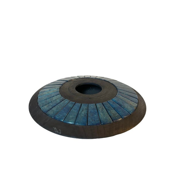 Contemporary Late 20th Century Modernist Artisan Carved. Black Wood Marbled Blue Bone Tile Disk Vase Singed For Sale - Image 3 of 8