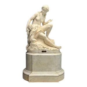 Jean-Marie Boucher, Venus and Cupid Marble Statue, White Marble, Romantic, 1910