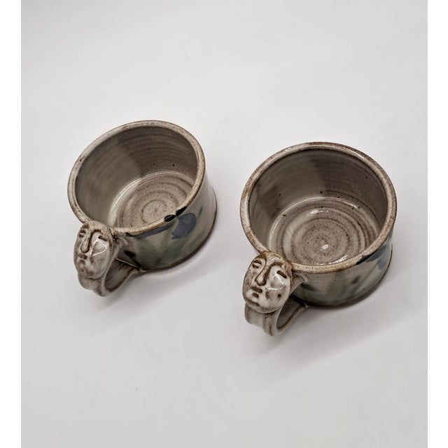 1990s Studio Pottery Face Artisan Mugs With Wabi-Sabi Glaze Signed - a Pair For Sale - Image 4 of 12