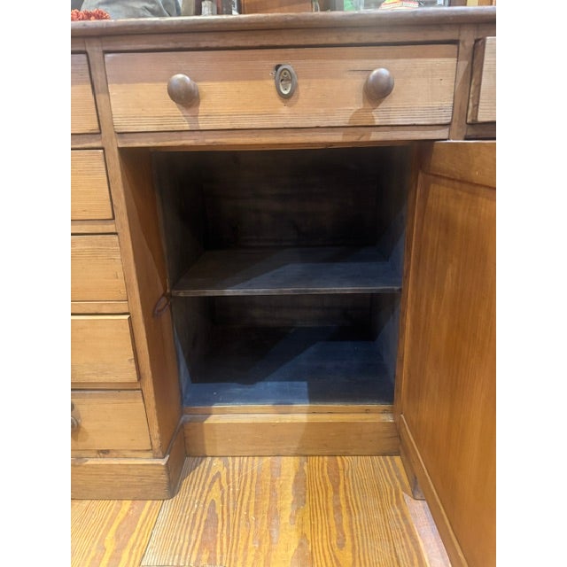 Wood Antique Pine 11 Drawer Kneehole Desk With Matching Wooden Knobs For Sale - Image 7 of 11
