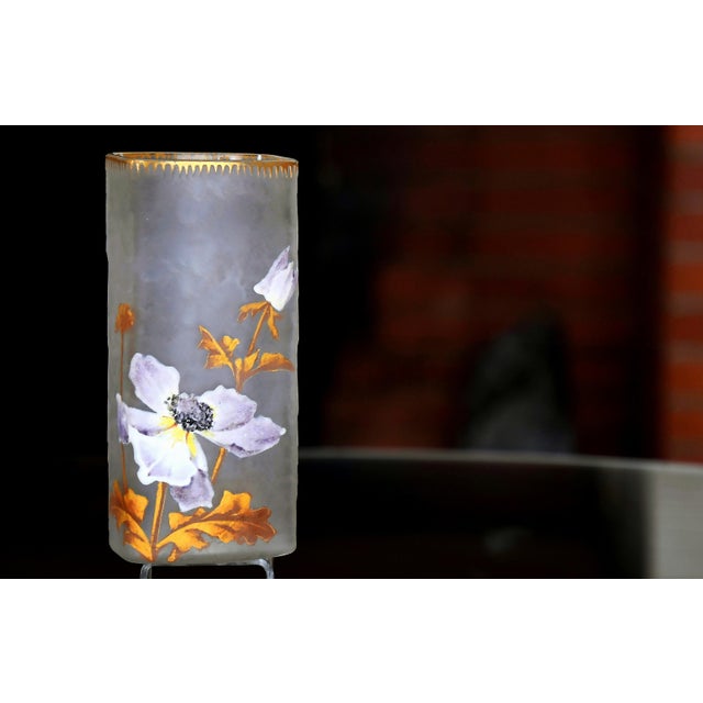 Quadrangular vase in blown white glass with an acid-etched base, floral decoration of naturalist inspiration, hot-...