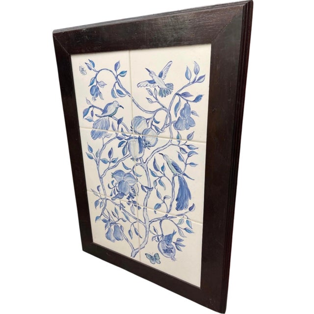 Chinoiserie Vintage Blue & White Ceramic Tile Wall Panel - Chinoiserie Botanical & Bird Motif For Sale - Image 3 of 12