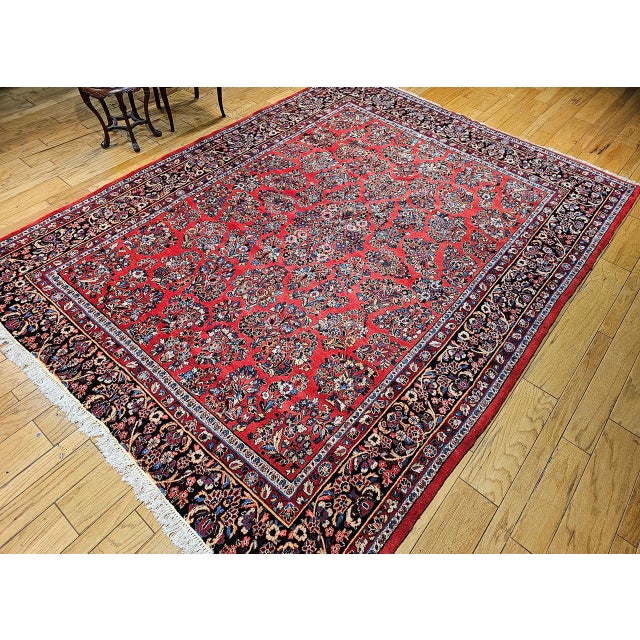 Textile Antique Persian Sarouk Area Rug, Hand-Knotted Wool, Allover Floral Pattern, 9x11, Red & Navy For Sale - Image 7 of 16