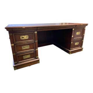 Vintage Campaign Style Leather Top Executive Desk For Sale