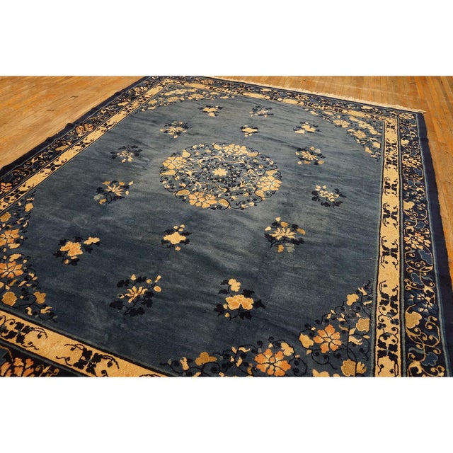 Navy Blue 1920s Blue-Navy Background Floral-Medallion Design Antique Chinese Peking Rug For Sale - Image 8 of 8