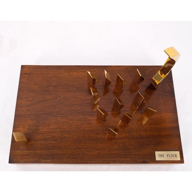 Mid 20th Century Modern Flock of Birds Sculpture Solid Brass Figurines on Walnut Rectangle Block For Sale - Image 6 of 17