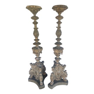 Pair of Antique 18th Century Parcel Paint and Gilt Wood Candlesticks 40 Inches For Sale