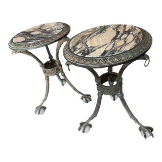Pair of Neoclassical Marble-Top Bronze Gueridon Tables With Claw Feet For Sale