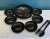 Very nice Chinoiserie set consisting of one large bowl, 6 small bowls, and 2 serving utensils. hand painted and made in...