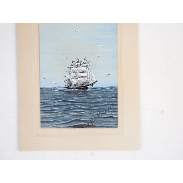 Miniature watercolor on paper of a sailing ship sailboat by Hajo Reiners (20th Century) Texas. Painting is 2.25' x 3"...