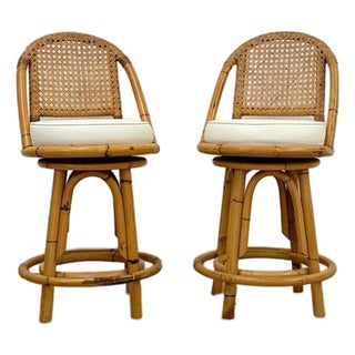 Vintage Coastal Hollywood Regency Caned Rattan Swivel Barstools Counter Height For Sale