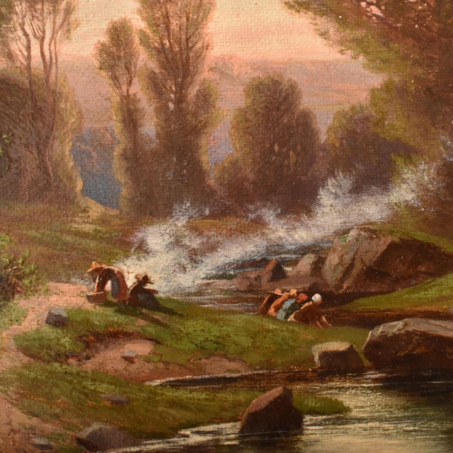 Leberecht Lortet, Mountain Landscape with Washerwomen and River, 1800s, Oil on Canvas For Sale - Image 5 of 10