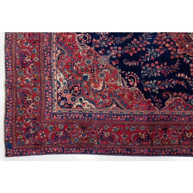 Textile Vintage Rug, 100% Hand-Knotted Wool, Traditional Indigo Blue & Crimson Red Medallion Carpet For Sale - Image 7 of 7