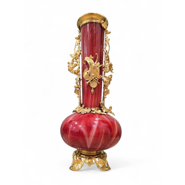 Large Vintage European Gilded Blown Red Glass Vase, 1940 For Sale - Image 3 of 12