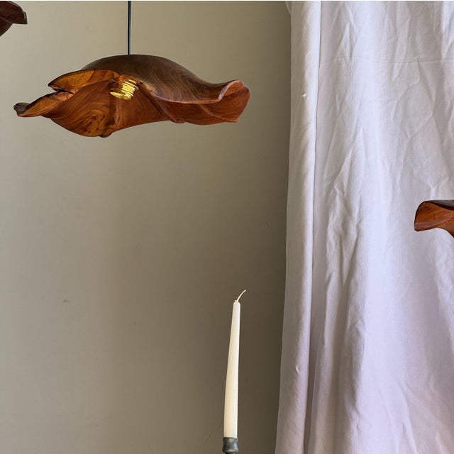 Medium Flat Corrugated Teak Leaf Pendant Light with Floral Stripes, 1980s For Sale - Image 11 of 18