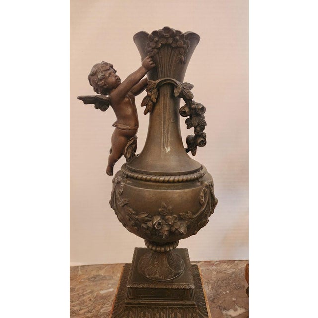 Art Nouveau Pair of 1900s Bronze Cherub Ornamental Vases For Sale - Image 3 of 8