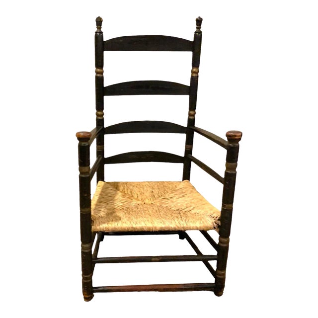 18th Century Ladder-Back Chairs with Curve-Top Slat-Back, Black Paint With Gold Colored Accents, Rush Seat, Hand-Turned Finials and Mushroom Handholds For Sale