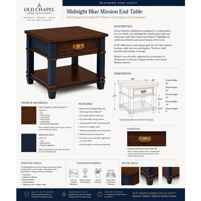 OLD CHAPEL HOME COLLECTION™ MIDNIGHT RESERVE™ MISSION END TABLE Old Chapel Satin Walnut™ & Midnight Blue Edition with...