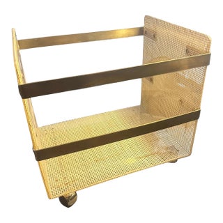 1980s Dior Home Style Mid-Century Modern Brass and Wicker Magazine Stand For Sale