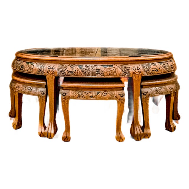 Mid-Century Modern Hand-Carved Asian Opium Nesting Table For Sale