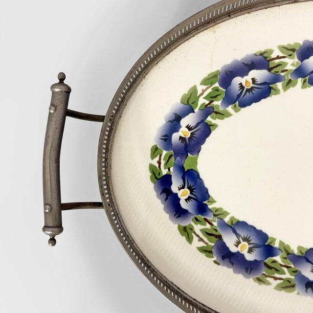 Italian Art Deco Tray with Flowers in Ceramic and Metal, 1920s For Sale - Image 6 of 13