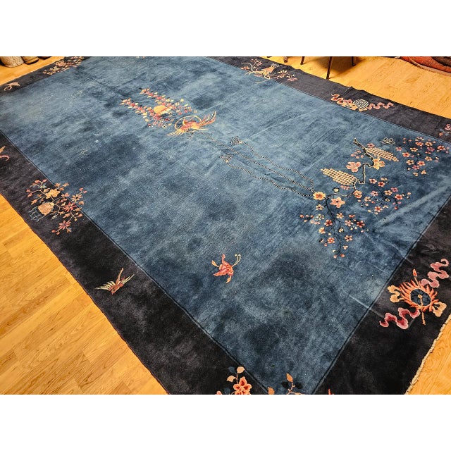 Textile Antique Chinese Art Deco Rug, Hand-Knotted Wool Pile, Phoenix Motif Design, French Blue & Navy, 10' X 17’ For Sale - Image 7 of 17