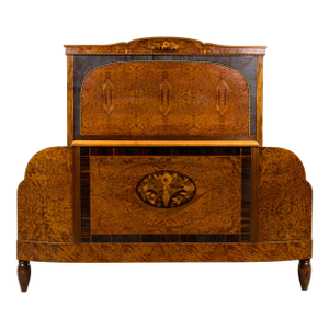 1920s French Art Deco Burl Walnut Full Size Bed Frame