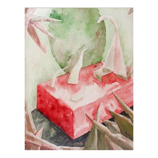 Vintage Mid Century Pink & Green Abstract Watercolor Painting For Sale