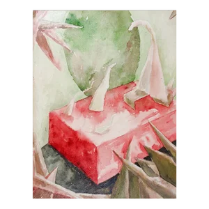 Vintage Mid Century Pink & Green Abstract Watercolor Painting
