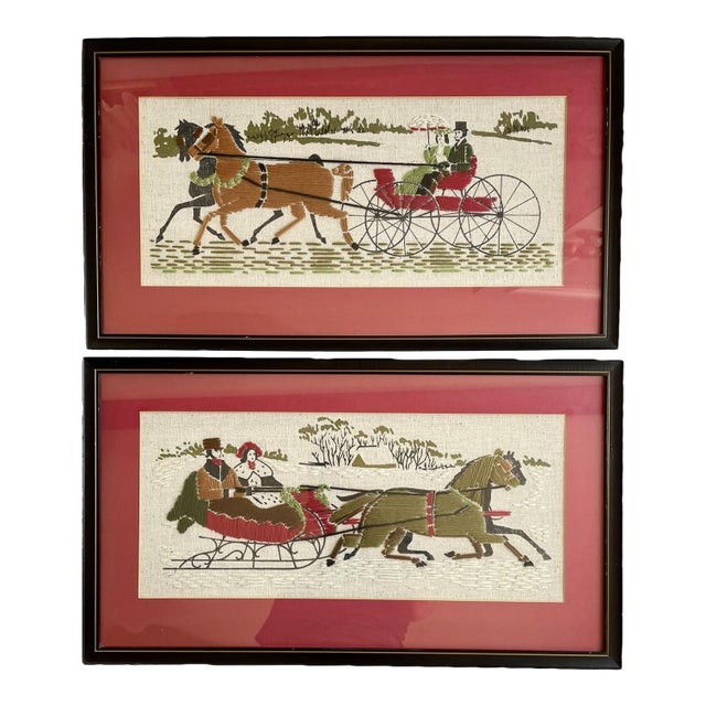 Pair of 1960s Framed Handmade Crewel Embroidery, Horses With Sleigh & Carriage For Sale