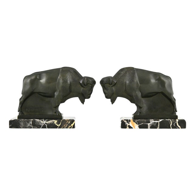 Art Deco Bison Bookends by Max Le Verrier, France, 1930s, Set of 2 For Sale