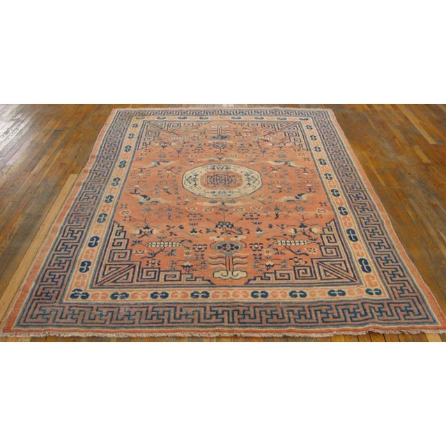 Lovely Orange-Tangerine Background Color With Medallion-Crest Design Antique Chinese Kansu Small Rug For Sale In New York - Image 6 of 7