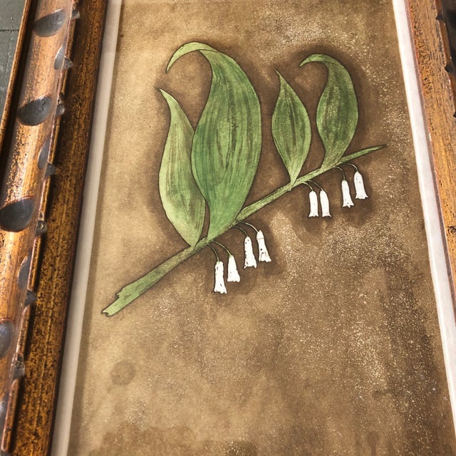 Original print on paper signed bottom right 8 x 14 overall size with vintage carved wood frame is 12 x 18