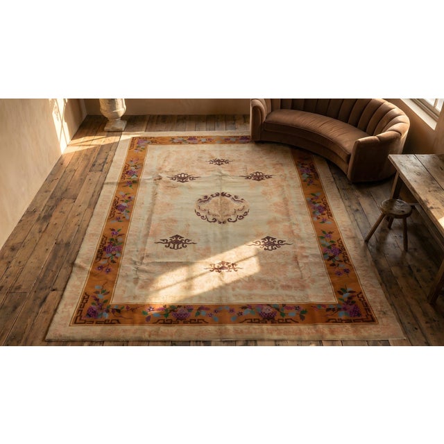 Textile 1920s Orange Medallion Antique Chinese Art Deco Rug 9' X 11'8"wool Handknotted Carpet For Sale - Image 7 of 9