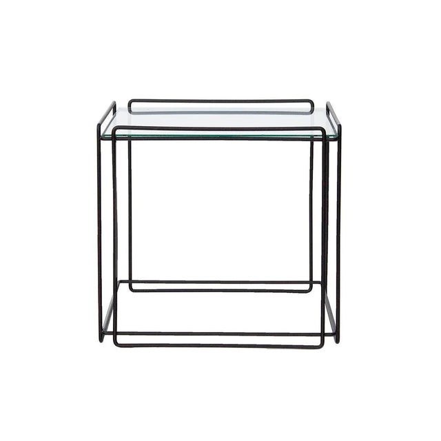 France, 1970s Max Sauze 'isosceles' end table with glass top. Graphic line art for a space. Made by Atrow. Glass does not...