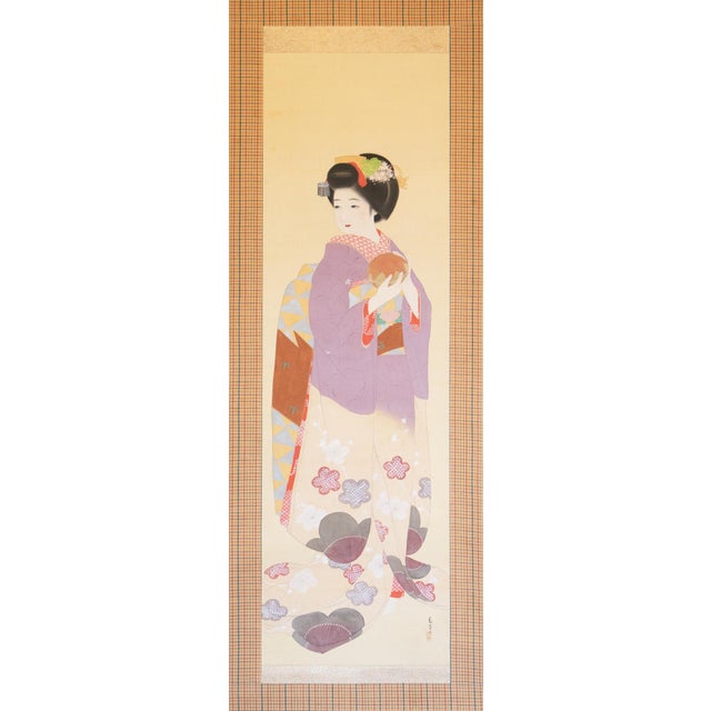 Japanese "Beautiful Woman" by Gyokukajo, Japanese Silk Scroll Painting in Original Wooden Case For Sale - Image 3 of 18