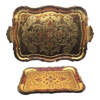 Mid Century Modern Gold Gilt Florentine Serving Tray With Handles and Smaller Writing Tray-Set of 2 For Sale