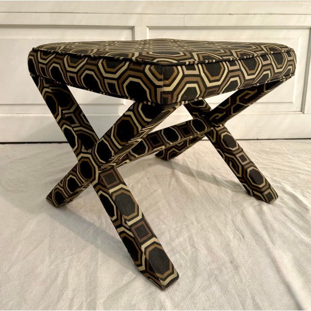 Textile Late 20th C. Hollywood Regency X-Bench Stool With Geometric Upholstery For Sale - Image 7 of 12