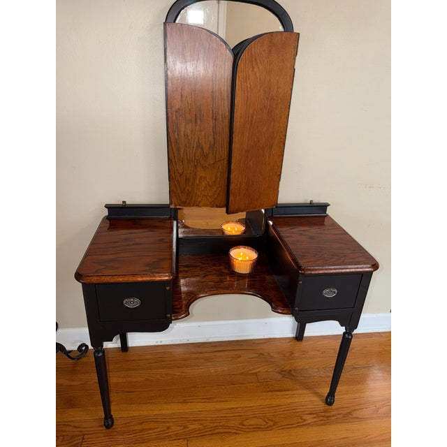 Black Vintage Satin Black & Oak Vanity With Tri-Fold Mirror | Refinished Makeup Vanity Desk For Sale - Image 8 of 11