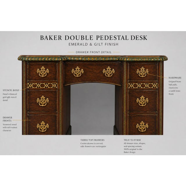 Baker Furniture Company Vintage Baker Double Pedestal Desk — Emerald & Gilt Accents, 48” Walnut Writing Desk For Sale - Image 4 of 10
