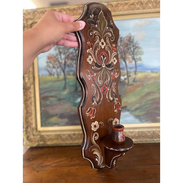 Folk Art Possibly Norwegian Hand-Painted Rosemaling Wall Pocket With Candlestick Holder or Miniature Vase, Signed by Kaja, 1990-Scandinavian Folk Art Decor. For Sale - Image 3 of 9